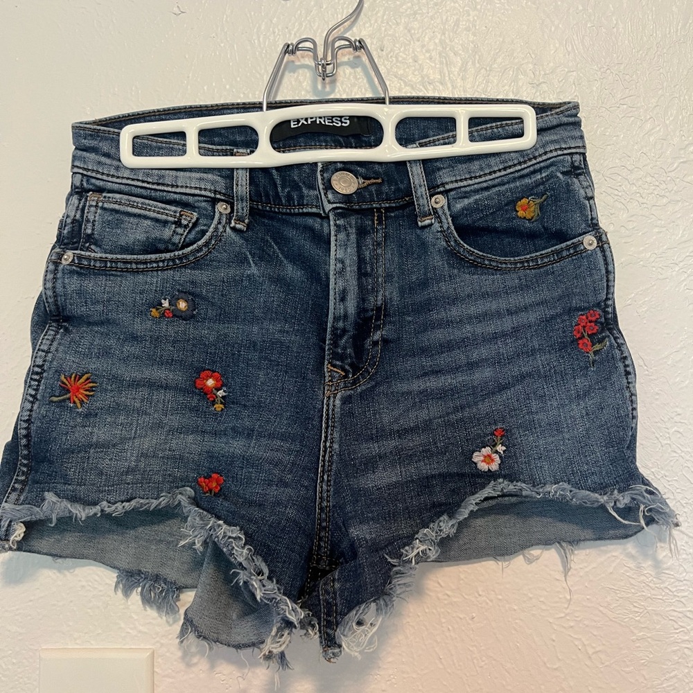 Express Women's Distressed Blue Jean Shorts with Floral Embroidery